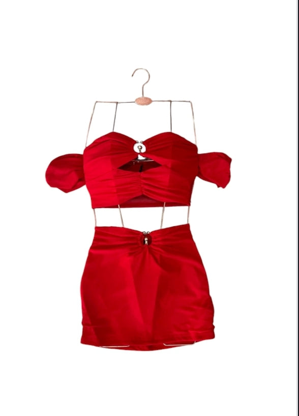 Red Mesh Off-Shoulder Crop Top and Mini Skirt